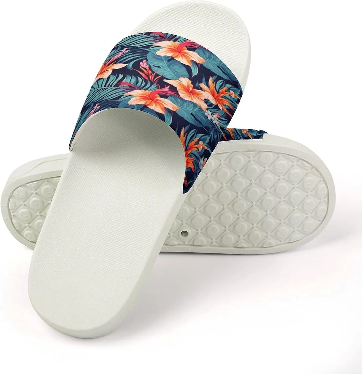Home Slides Shower Sandals,Hawaii Tropical Flower Print Open Toe Slippers,Summer Beach Slides,Non-Slip Shower Shoes for Indoor And Outdoor