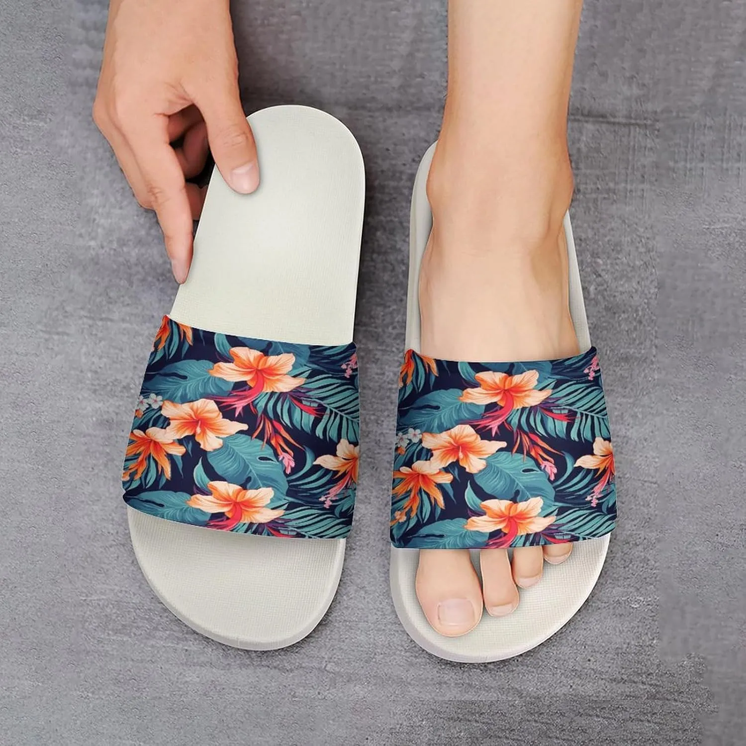 Home Slides Shower Sandals,Hawaii Tropical Flower Print Open Toe Slippers,Summer Beach Slides,Non-Slip Shower Shoes for Indoor And Outdoor