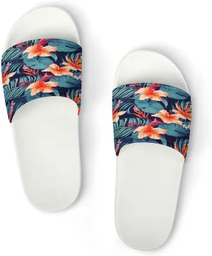 Home Slides Shower Sandals,Hawaii Tropical Flower Print Open Toe Slippers,Summer Beach Slides,Non-Slip Shower Shoes for Indoor And Outdoor