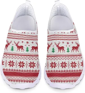 HUIACONG Christmas Women Sneakers Elk Snow Christmas Tree Stripe Flat for Teen Girls Slip On Walking Shoes for Ladies Running Footwear Tennis Trainers for Driving Working Shoes 7 Size
