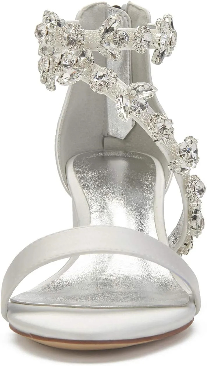 Hyinlays Women's Chunky Block Heel Crystal Wedding Sandals for Bride Open Toe Formal Party Dress Shoes Low Heels Sandal