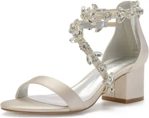 Hyinlays Women's Chunky Block Heel Crystal Wedding Sandals for Bride Open Toe Formal Party Dress Shoes Low Heels Sandal