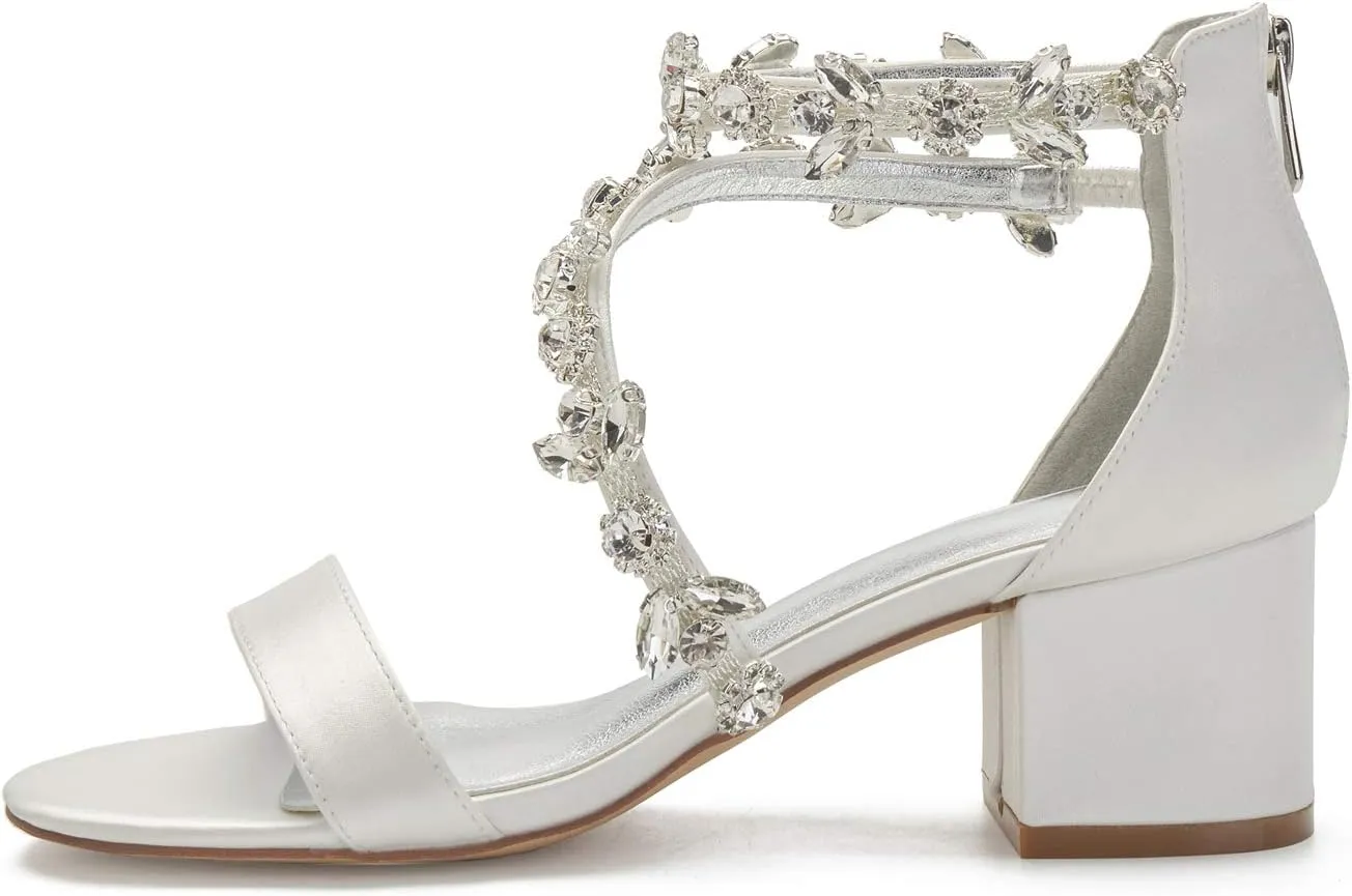 Hyinlays Women's Chunky Block Heel Crystal Wedding Sandals for Bride Open Toe Formal Party Dress Shoes Low Heels Sandal