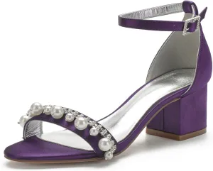 Hyinlays Women's Open Toe Low Block Pumps Shoes Ankle Strap Chunky Heels with Pearls Satin Wedding Sandals Prom Party Dress Shoes