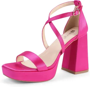 IDIFU IN4 Platform Heels for Women - High Strappy Chunky Block Square Toe Sexy Wedding Dress Shoes - Open Toe Ankle Strap Heeled Sandals - Comfortable Thick Heels - Half Size Larger