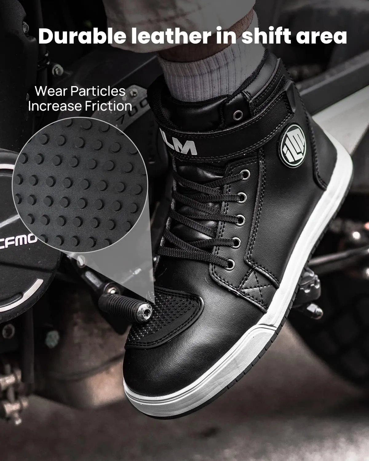 ILM Motorcycle Shoes for Men Black Waterproof Street Riding Protective Gear Breathable Powersport Anti-Slip Footwear with Ankle Support, Shift pad