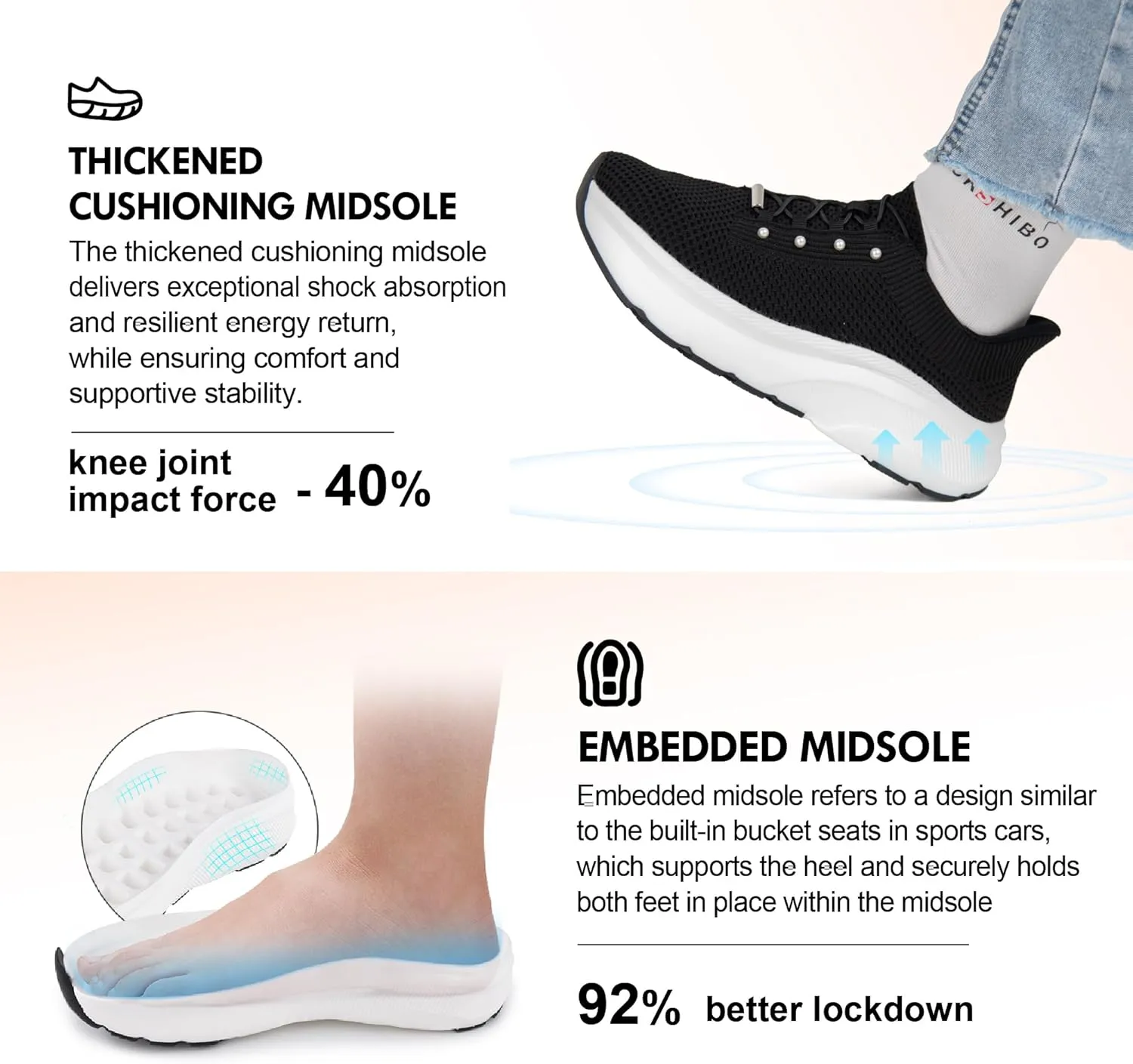 JACKSHIBO Women's Wide Toe Box Slip in Hands Free Shoes Arch Support Slip On Wide Sneaker Orthopedic Thick Cushioning Walking Shoes