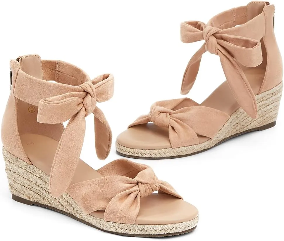 LAICIGO Womens Espadrilles Wedge Sandals Back Zipper Closure Open Toe Platform Ankle Strap Summer Dress Shoes with Bow