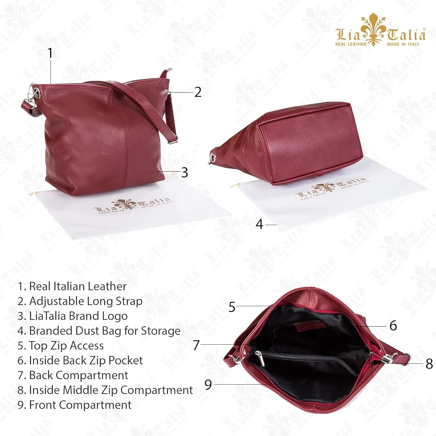 LiaTalia Womens Shoulder Bag - Soft Grained Leather - Medium Size Hobo Handbag Purse Made with 100% Italian Leather - ADAL