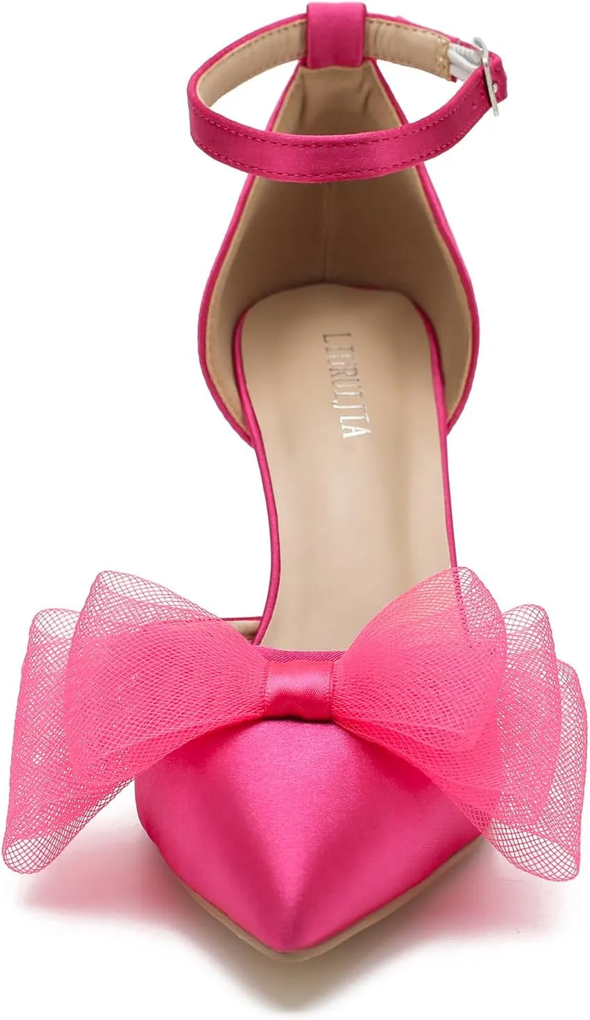 LIURUIJIA Women's Closed Toe Bow Heels Ankle Strap Pointed Toe Satin Low Heel Pumps Comfortable Wedding Bridal Party Prom Dress Shoes