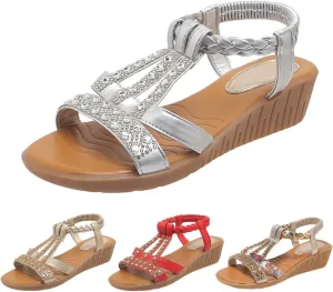 Low Wedge Sandals for Women Bohemia Beach Shoes Elastic Ankle Strap with Arch Support Slip On Open Toe Rhinestone Summer Comfortable Shoe