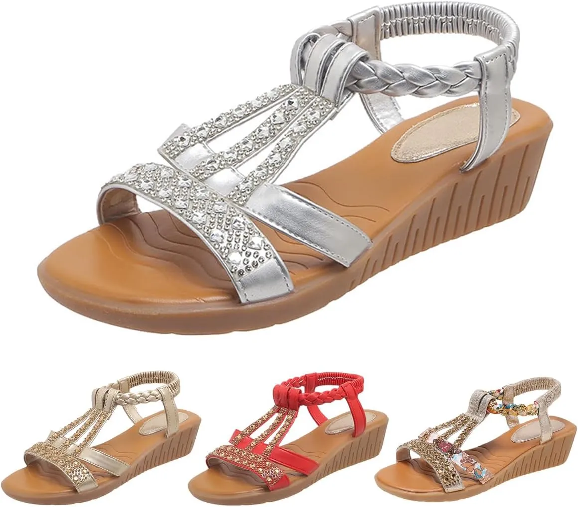 Low Wedge Sandals for Women Bohemia Beach Shoes Elastic Ankle Strap with Arch Support Slip On Open Toe Rhinestone Summer Comfortable Shoe