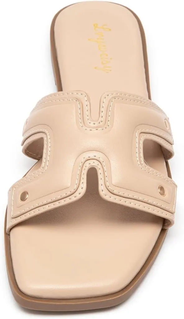 Lryweisy Women's Flat Sandals Comfortable Slip On Slides With Soft Leather Slippers