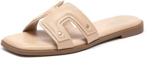 Lryweisy Women's Flat Sandals Comfortable Slip On Slides With Soft Leather Slippers