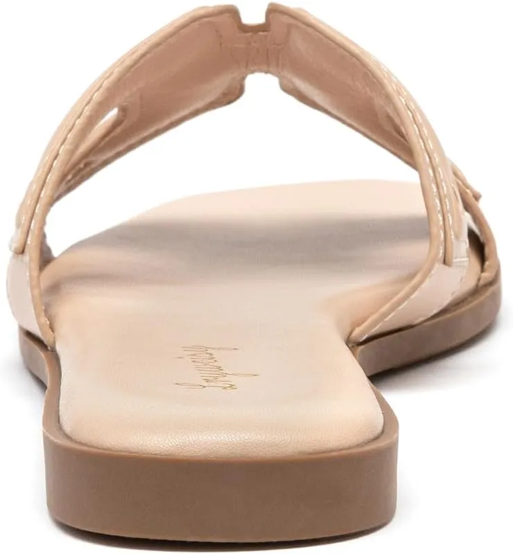 Lryweisy Women's Flat Sandals Comfortable Slip On Slides With Soft Leather Slippers