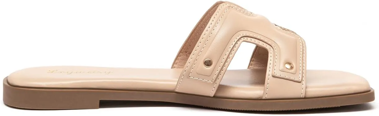Lryweisy Women's Flat Sandals Comfortable Slip On Slides With Soft Leather Slippers