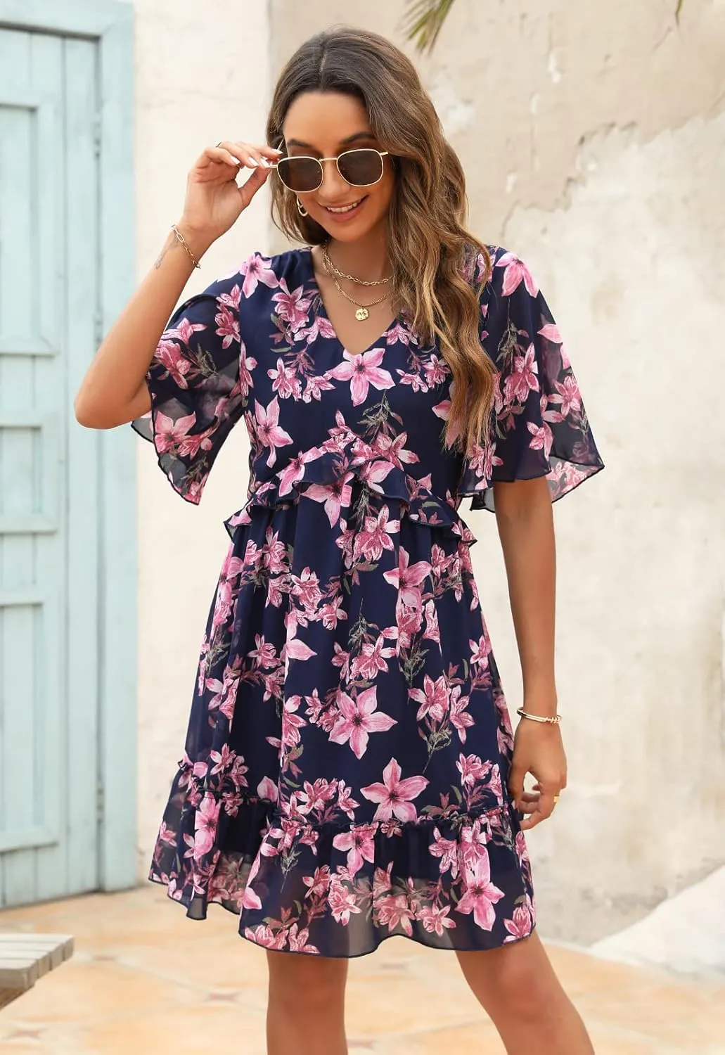 Manydress Women's Chiffon Floral Print V Neck Casual Mini Boho Ruffle Swing Dress MY068
