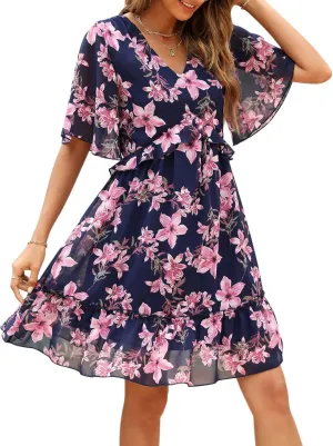 Manydress Women's Chiffon Floral Print V Neck Casual Mini Boho Ruffle Swing Dress MY068