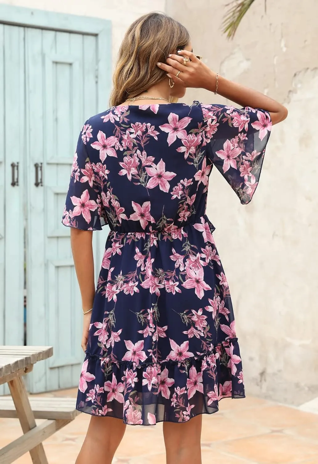 Manydress Women's Chiffon Floral Print V Neck Casual Mini Boho Ruffle Swing Dress MY068