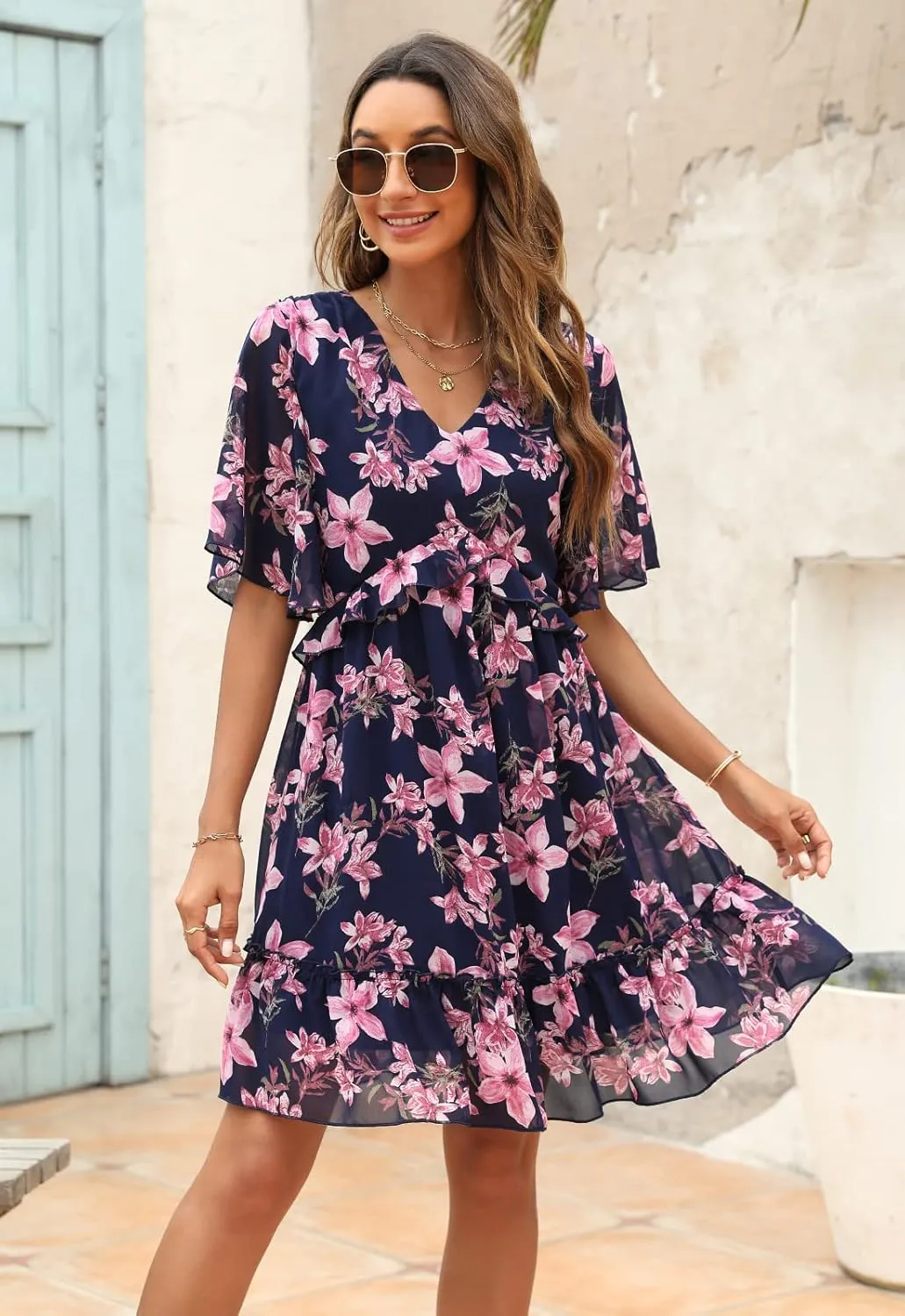 Manydress Women's Chiffon Floral Print V Neck Casual Mini Boho Ruffle Swing Dress MY068
