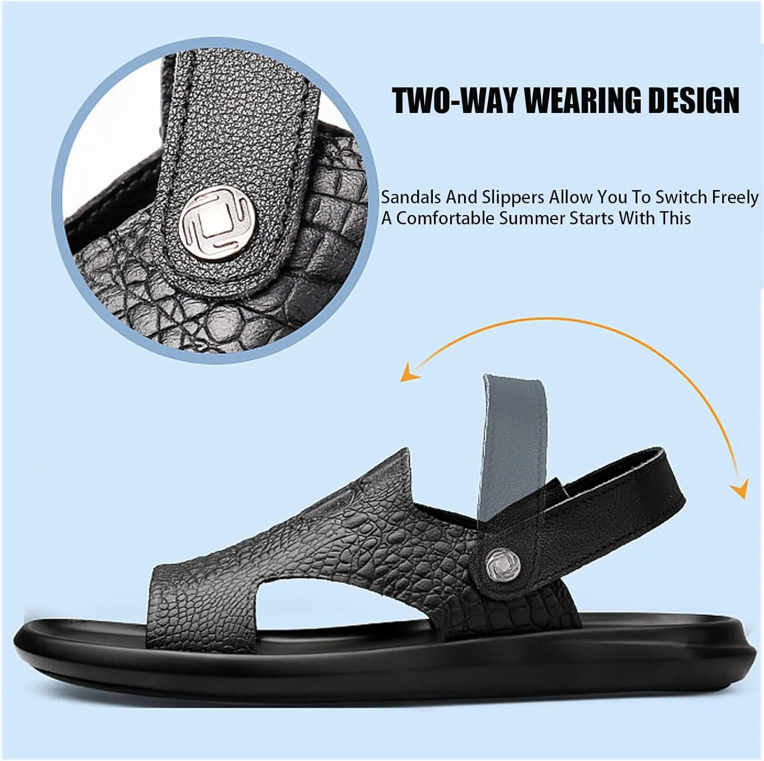 Men'S Genuine Leather Alligator Printed Slip On Beach Sandals Dual-Purpose Adjustable Fashion Round Open Toe Flat Sandals Summer Casual Dressy Sandals