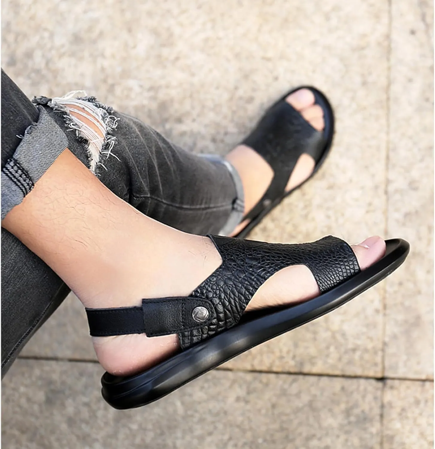 Men'S Genuine Leather Alligator Printed Slip On Beach Sandals Dual-Purpose Adjustable Fashion Round Open Toe Flat Sandals Summer Casual Dressy Sandals
