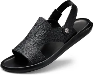 Men'S Genuine Leather Alligator Printed Slip On Beach Sandals Dual-Purpose Adjustable Fashion Round Open Toe Flat Sandals Summer Casual Dressy Sandals