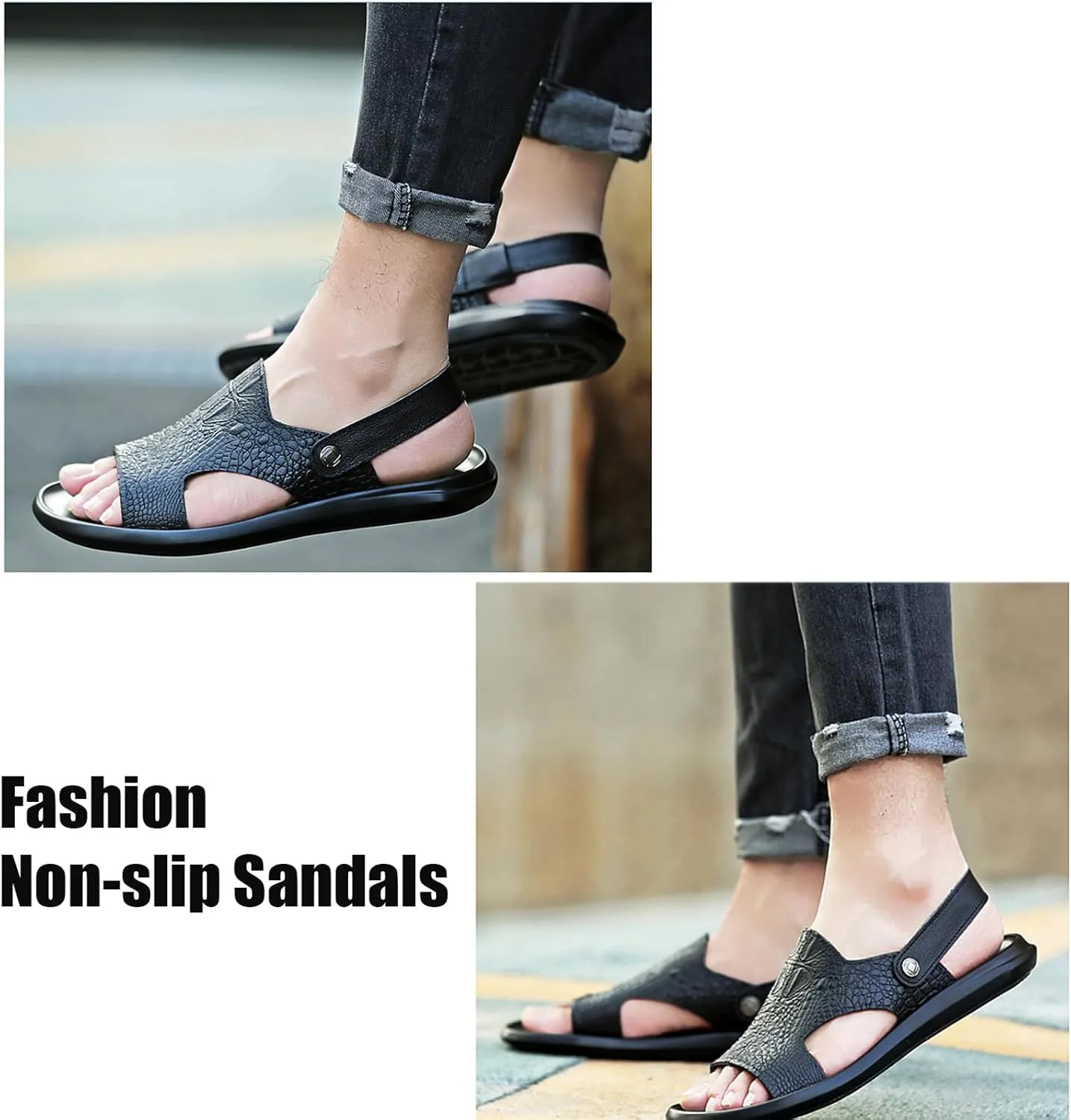Men'S Genuine Leather Alligator Printed Slip On Beach Sandals Dual-Purpose Adjustable Fashion Round Open Toe Flat Sandals Summer Casual Dressy Sandals