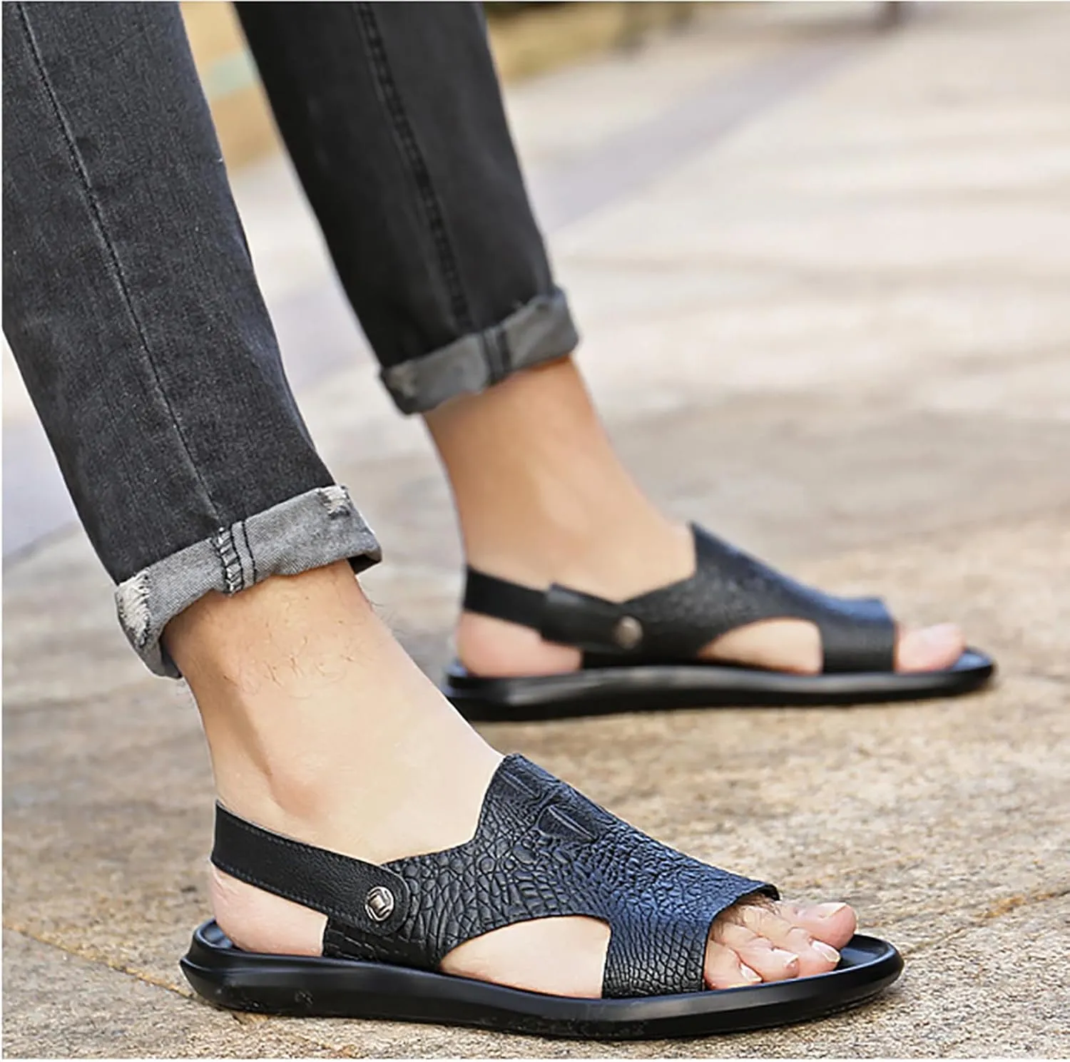 Men'S Genuine Leather Alligator Printed Slip On Beach Sandals Dual-Purpose Adjustable Fashion Round Open Toe Flat Sandals Summer Casual Dressy Sandals