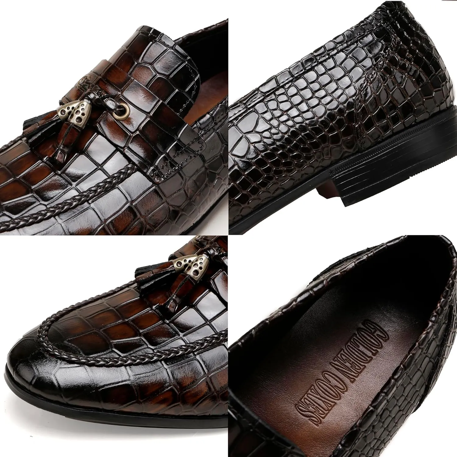 Men's Leather Tassel Loafers, Fashion Crocodile Printed Slip On Dress Shoes Casual Party Shoes Business Weddings Loafers for Mens