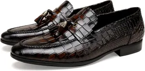 Men's Leather Tassel Loafers, Fashion Crocodile Printed Slip On Dress Shoes Casual Party Shoes Business Weddings Loafers for Mens