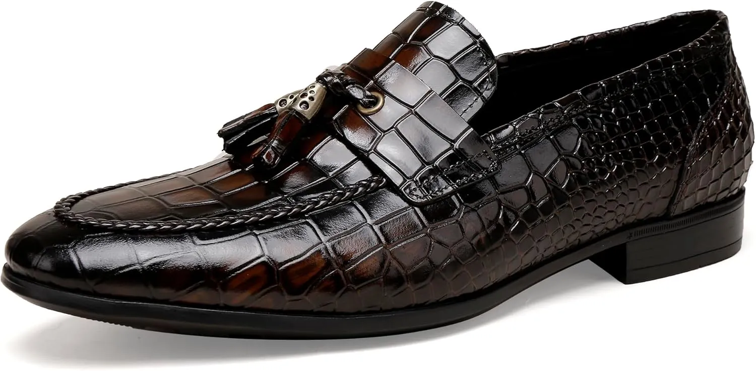 Men's Leather Tassel Loafers, Fashion Crocodile Printed Slip On Dress Shoes Casual Party Shoes Business Weddings Loafers for Mens