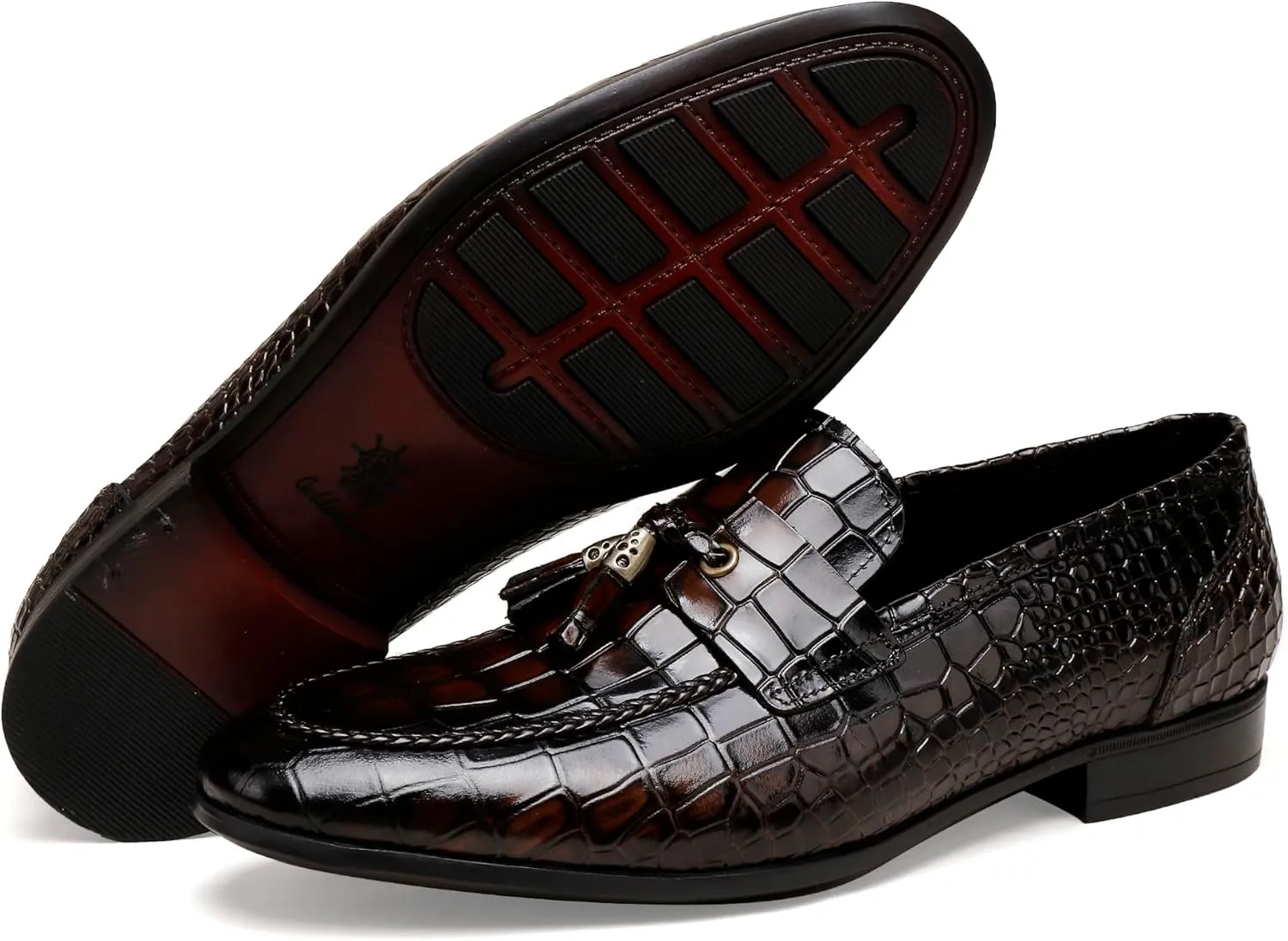 Men's Leather Tassel Loafers, Fashion Crocodile Printed Slip On Dress Shoes Casual Party Shoes Business Weddings Loafers for Mens