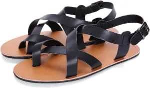 Men's Leather toe ring Flat Gladiator Sandals Fashion Cross Straps Round Open Toe Slip-On Clip Toe Beach Sandals with Adjustable Metal Buckle Summer Casual soft Walking Sandals