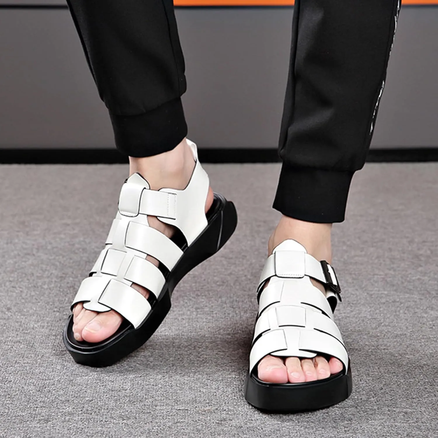 Men's Open Toe Ankle Buckle Sandals,Summer Platform Non-Slip Leather Roman Beach Sandals Outdoor Casual Hollow Driving Walking Shoes