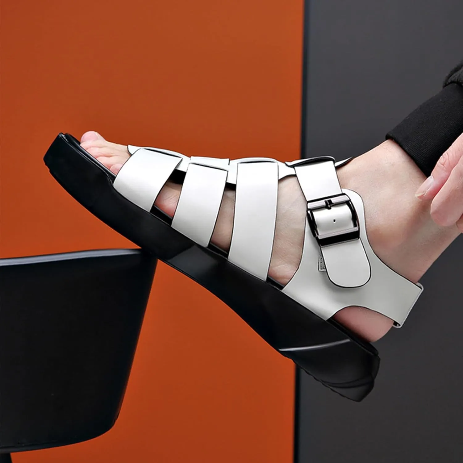 Men's Open Toe Ankle Buckle Sandals,Summer Platform Non-Slip Leather Roman Beach Sandals Outdoor Casual Hollow Driving Walking Shoes