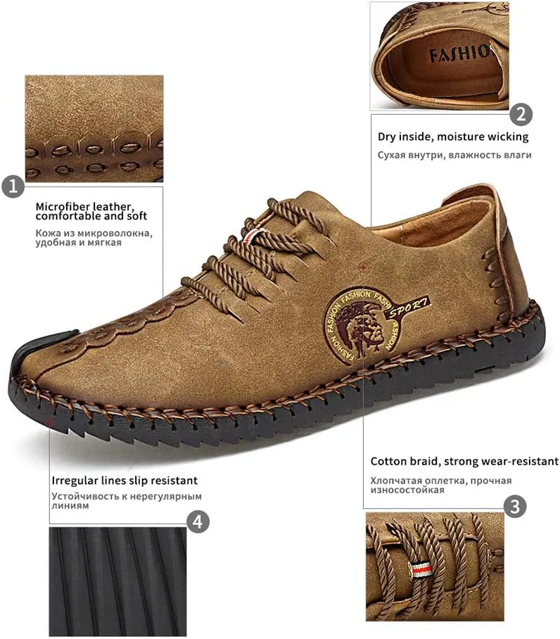 Men's Sport Sandals Leather Casual Shoes Driving Loafers Outdoor Flats Breathable Fisherman Oxford Walking Summer Handmade Stitching Comfortable
