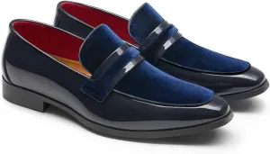 Mens Velvet Patent Leather Chunky Heel Dress Loafers Classic Square Toe Flat Non-Slip One-Step Business and Party Penny Tuxedo Shoes Wedding Work Shoes