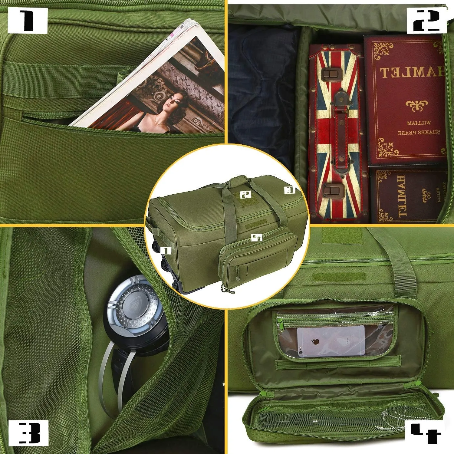 Military Tactical Wheeled Deployment Bag Rolling Duffel Trolley Bag for Camping (Green)
