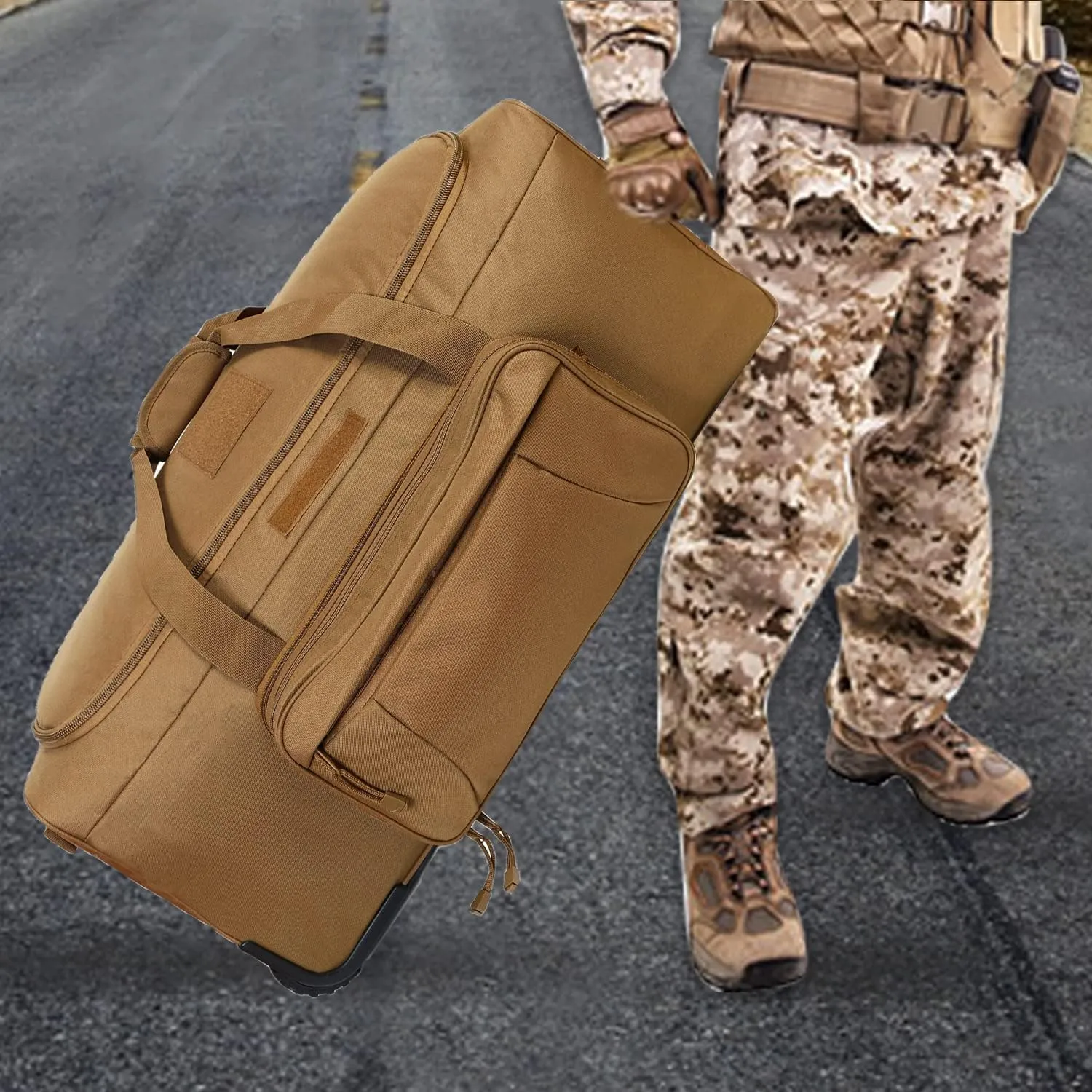 Military Tactical Wheeled Deployment Bag Rolling Duffel Trolley Bag for Camping (TAN)