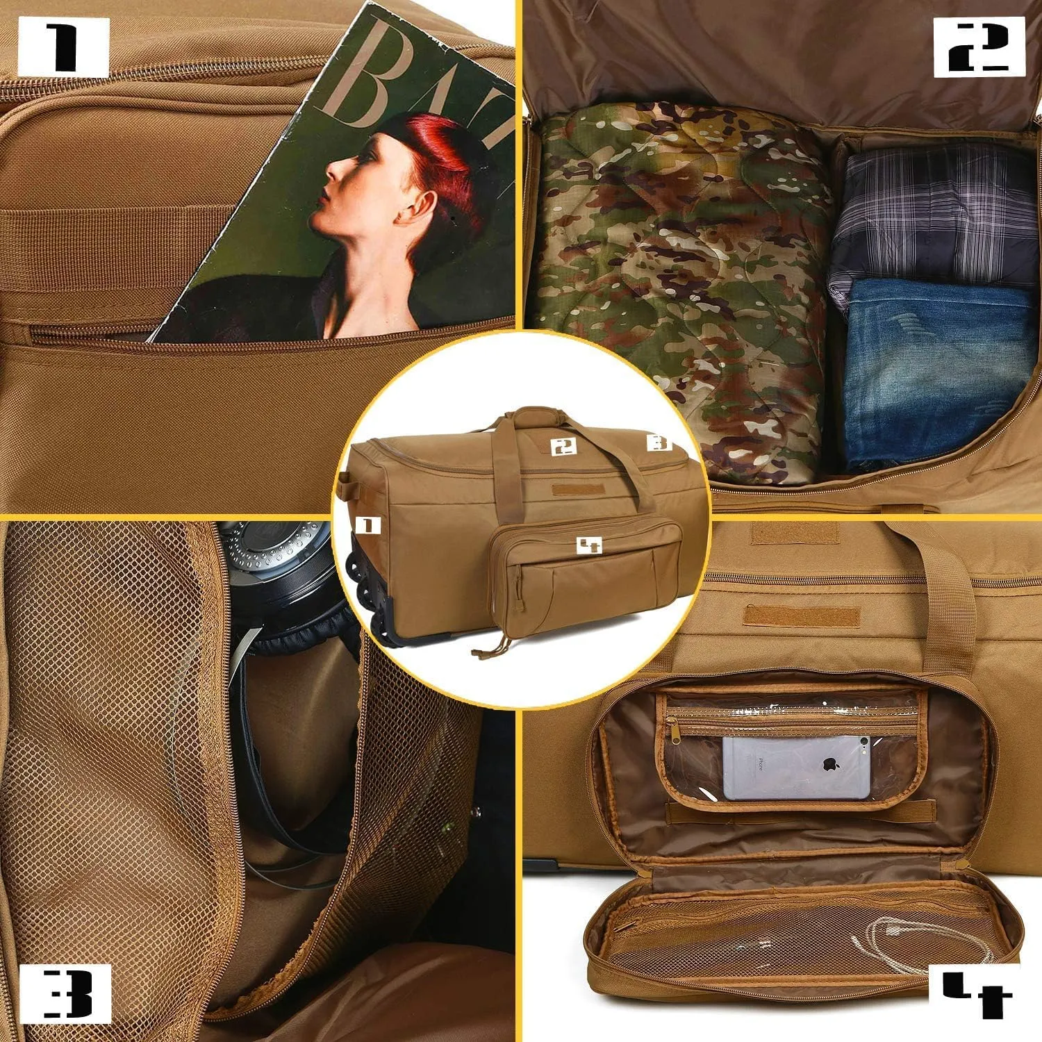 Military Tactical Wheeled Deployment Bag Rolling Duffel Trolley Bag for Camping (TAN)