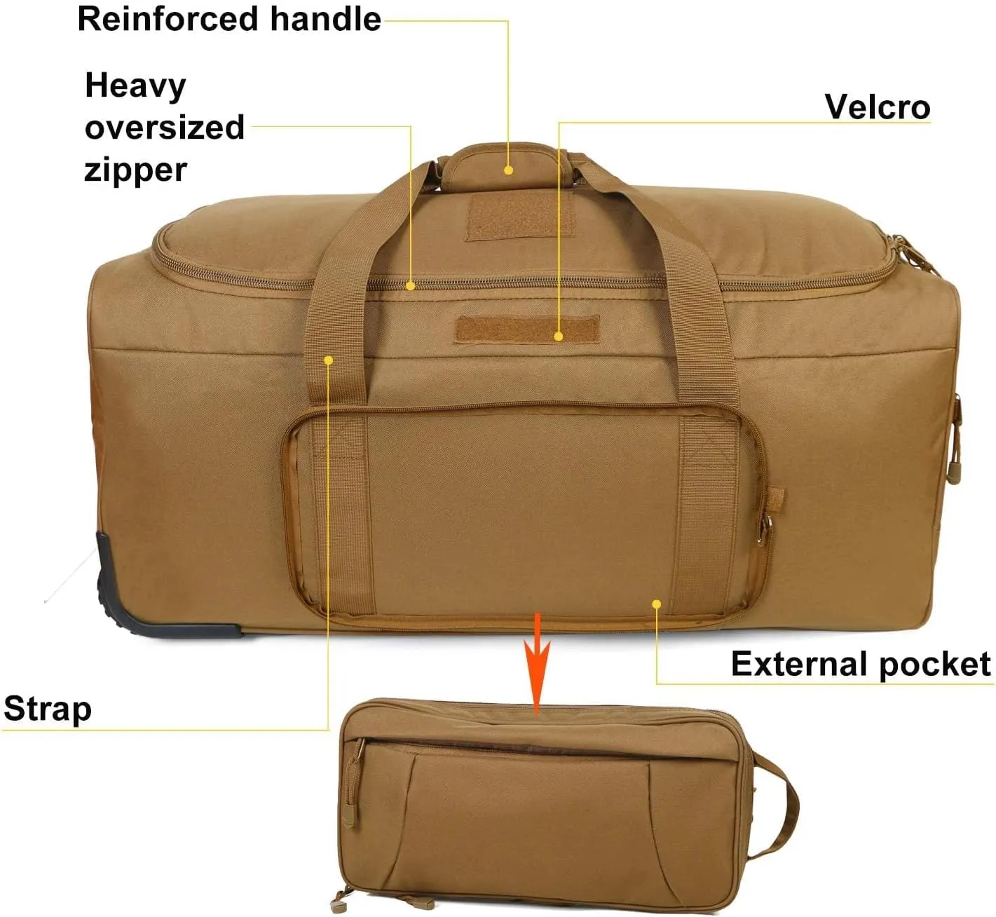 Military Tactical Wheeled Deployment Bag Rolling Duffel Trolley Bag for Camping (TAN)