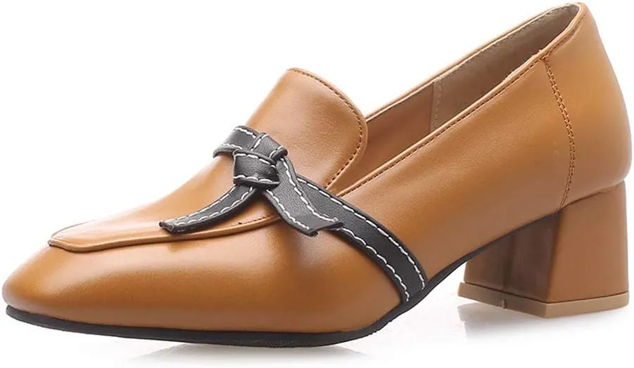 MIOKE Women's Square Toe Pump Loafers Slip-On Chunky Mid Block Heel Classic Western Work Office Dress Shoes