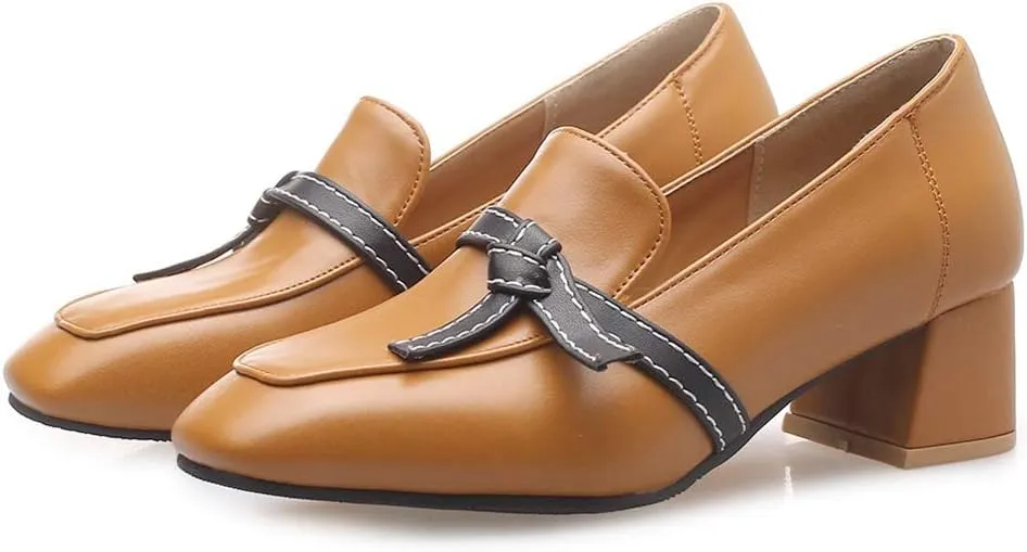MIOKE Women's Square Toe Pump Loafers Slip-On Chunky Mid Block Heel Classic Western Work Office Dress Shoes