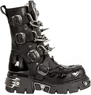 New Rock Unisex M.727-S1 Black Leather Boots Skull Chain Flame Reactor Boots