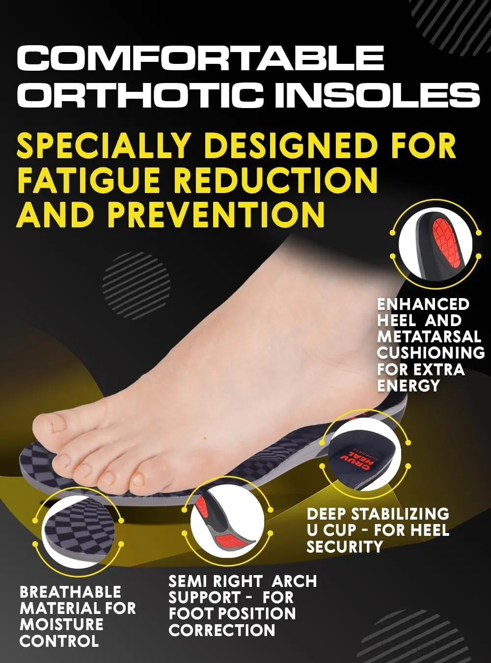 (New) Work Orthotic Insoles - Anti Fatigue Medium Arch Support Shoe Insert Men Women - for Plantar Fasciitis Flat Feet Leg - Relieve Foot Pain - Work Boot Insoles for Standing All Day (M, Gray)