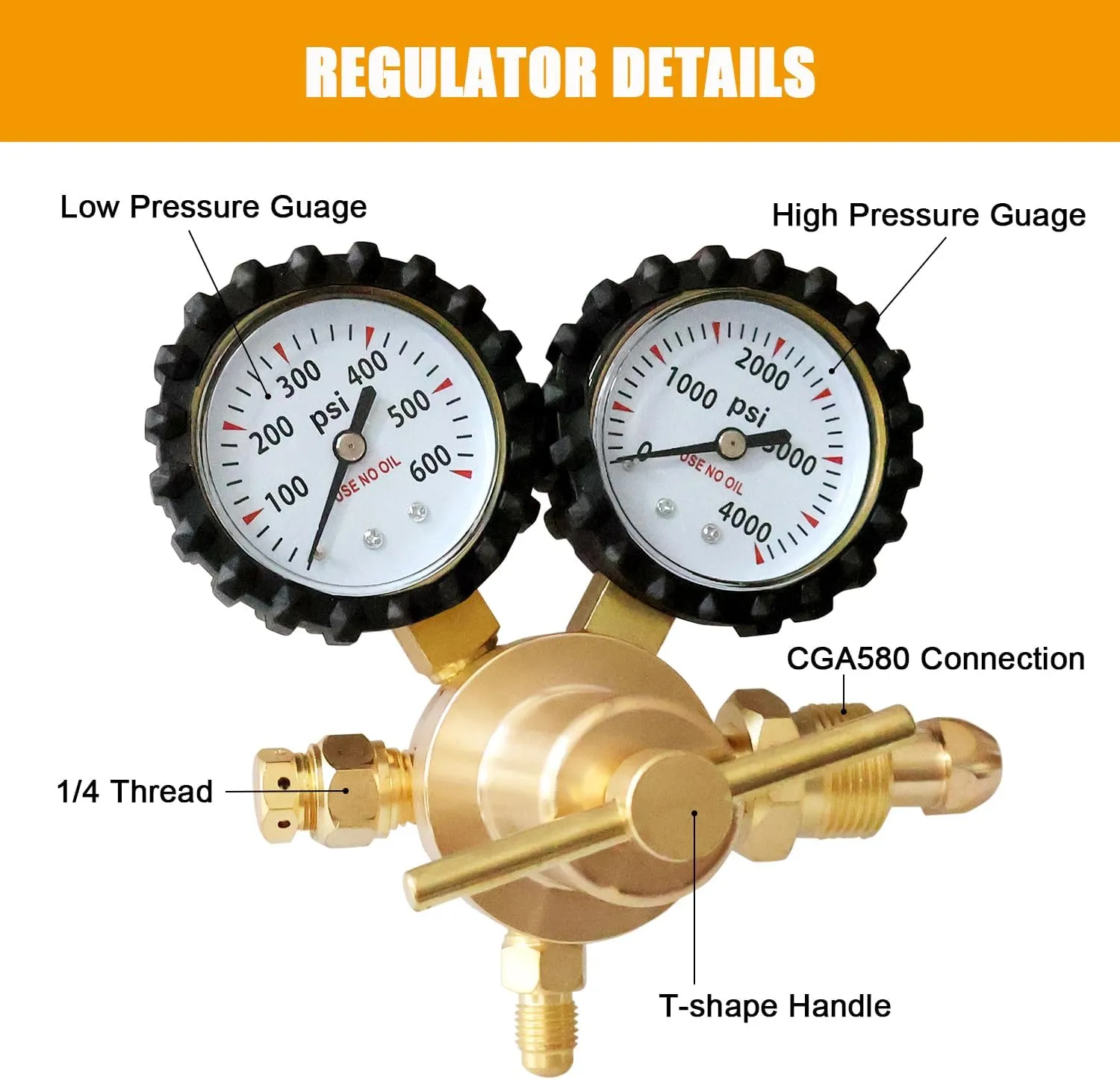 Nitrogen Regulator with 6.6Ft Hose, 0-600 PSI Outlet Pressure, CGA580 Inlet and 1/4'' Male Flare Fitting