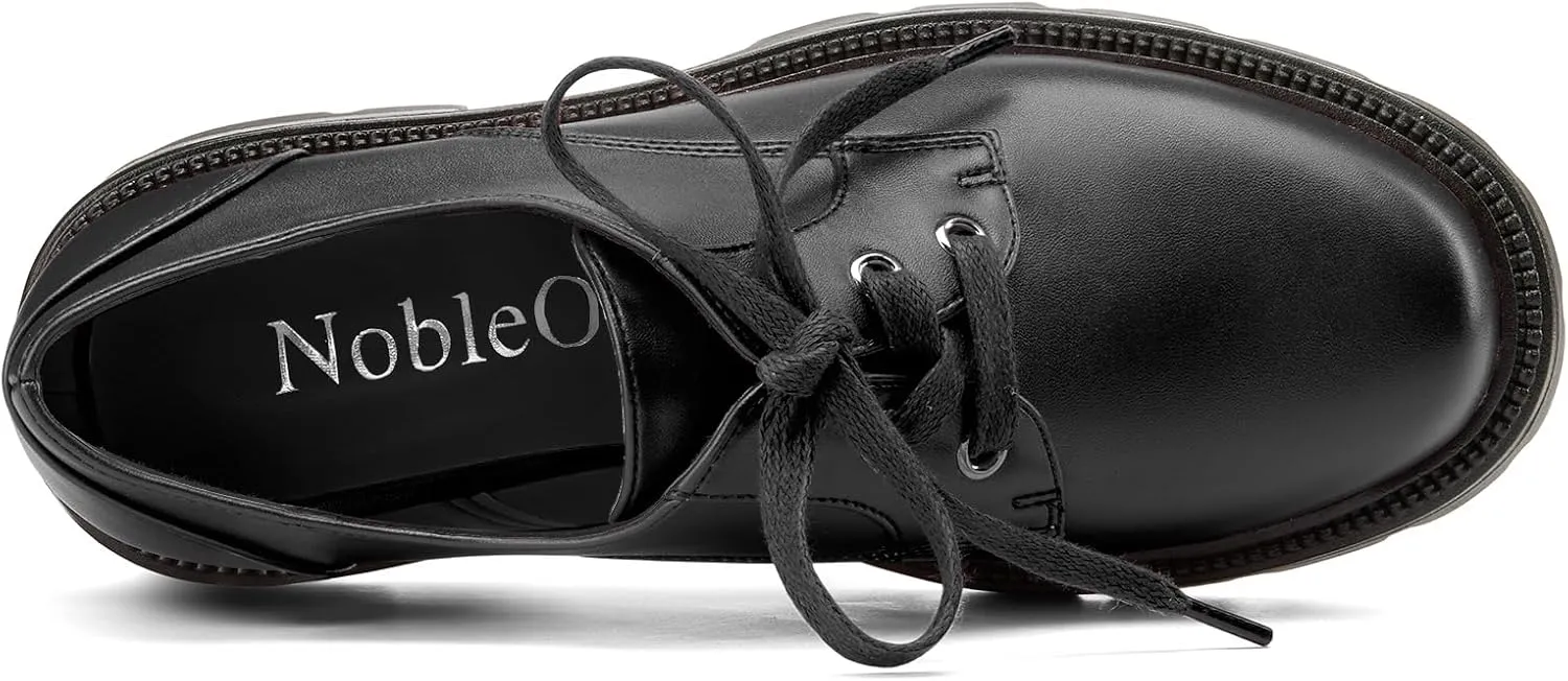 NobleOnly Platform Loafers for Women Lace-up Chunky Low Block Heel Loafers Close Round Toe Casual Office Pumps 1.4 Inches Heels