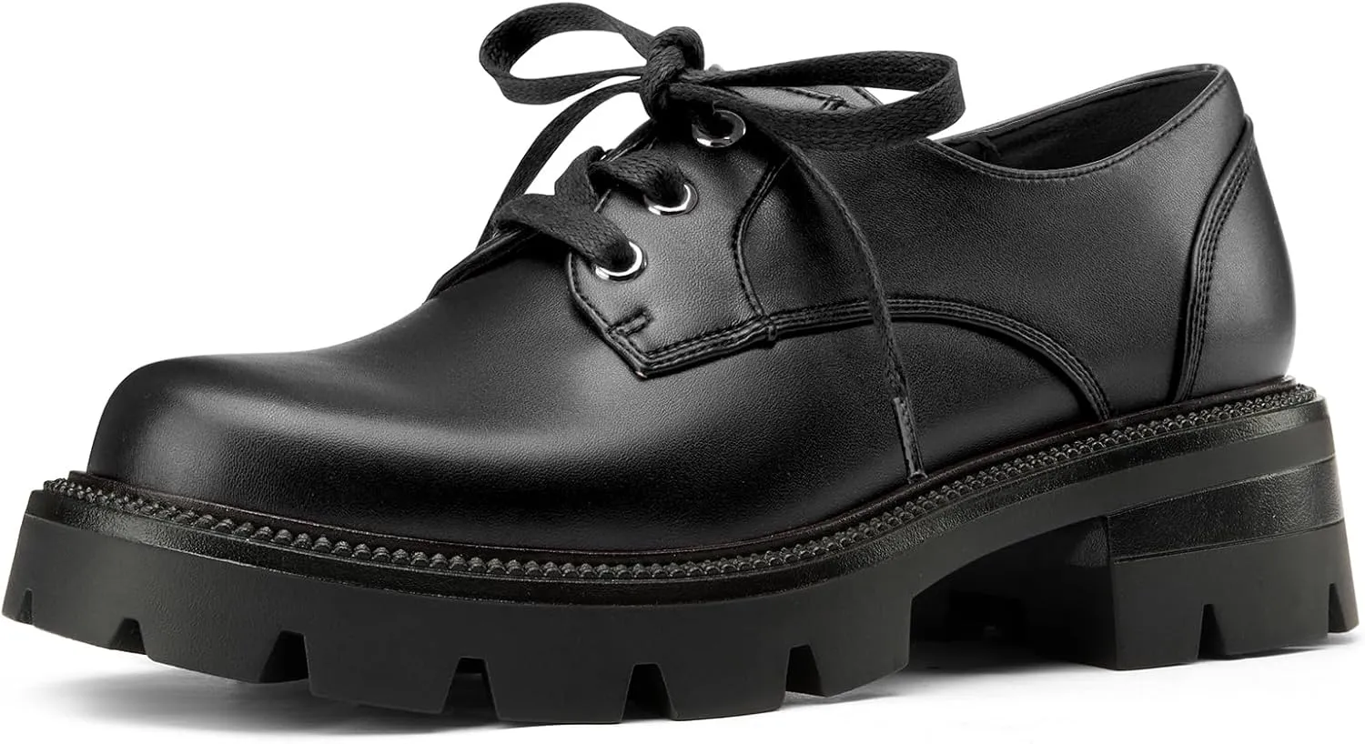 NobleOnly Platform Loafers for Women Lace-up Chunky Low Block Heel Loafers Close Round Toe Casual Office Pumps 1.4 Inches Heels