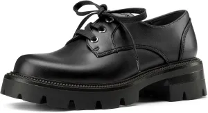 NobleOnly Platform Loafers for Women Lace-up Chunky Low Block Heel Loafers Close Round Toe Casual Office Pumps 1.4 Inches Heels
